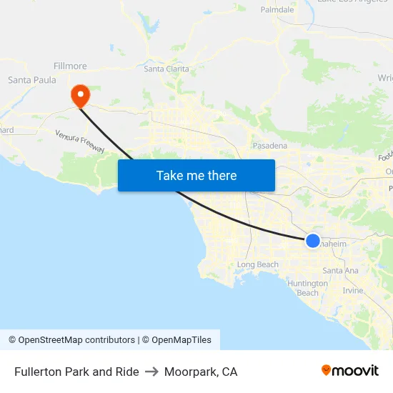 Fullerton Park and Ride to Moorpark, CA map