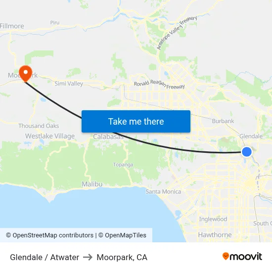 Glendale / Atwater to Moorpark, CA map