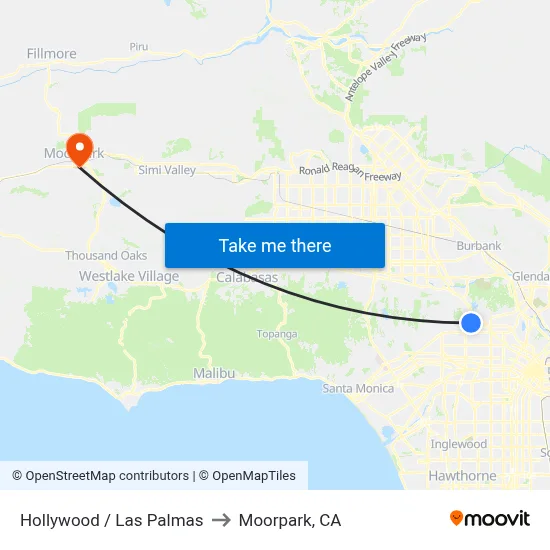 Hollywood / Las Palmas to Moorpark, CA map