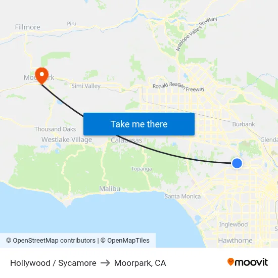 Hollywood / Sycamore to Moorpark, CA map
