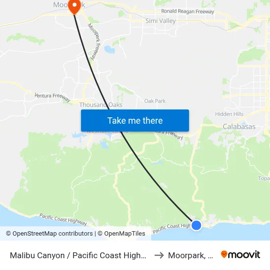 Malibu Canyon / Pacific Coast Highway to Moorpark, CA map
