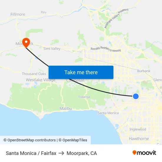 Santa Monica / Fairfax to Moorpark, CA map