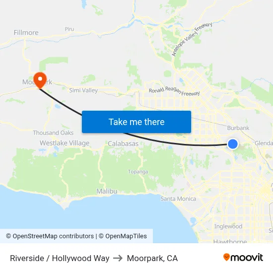 Riverside / Hollywood Way to Moorpark, CA map