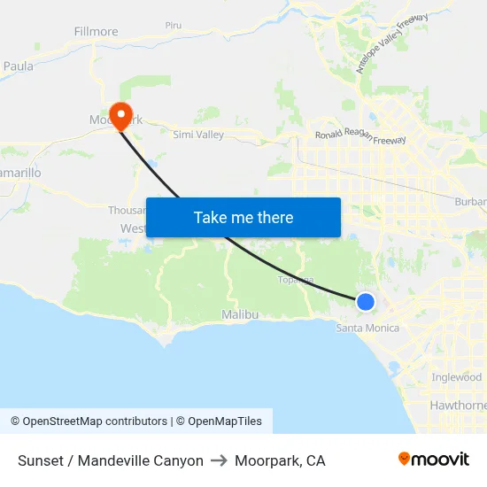 Sunset / Mandeville Canyon to Moorpark, CA map