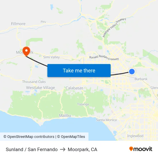 Sunland / San Fernando to Moorpark, CA map