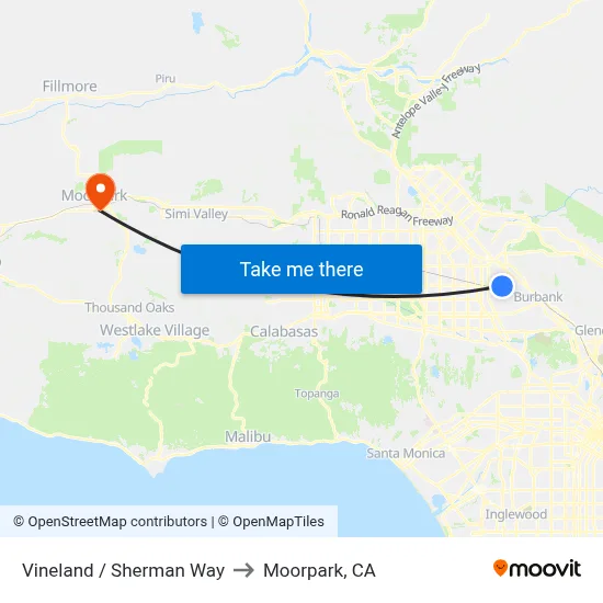 Vineland / Sherman Way to Moorpark, CA map
