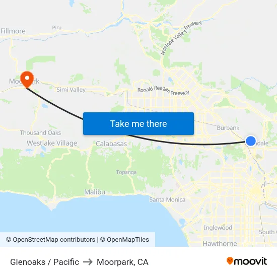 Glenoaks / Pacific to Moorpark, CA map
