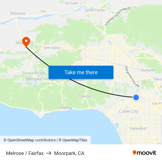 Melrose / Fairfax to Moorpark, CA map