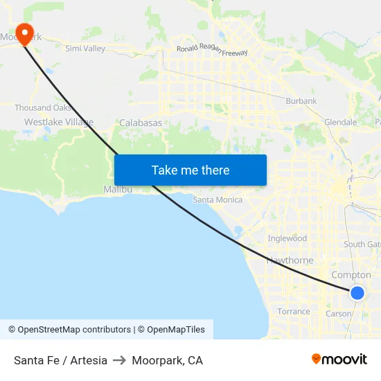 Santa Fe / Artesia to Moorpark, CA map
