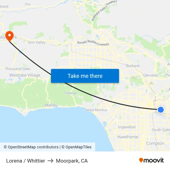 Lorena / Whittier to Moorpark, CA map