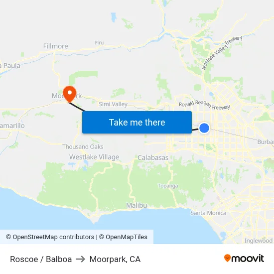 Roscoe / Balboa to Moorpark, CA map