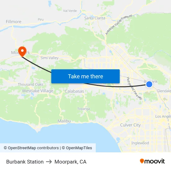 Burbank Station to Moorpark, CA map