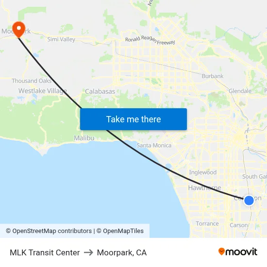 MLK Transit Center to Moorpark, CA map