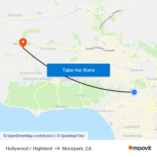 Hollywood / Highland to Moorpark, CA map