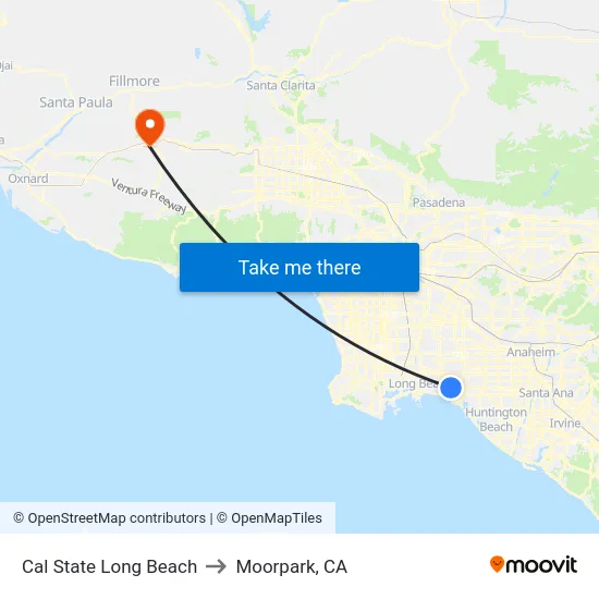 Cal State Long Beach to Moorpark, CA map