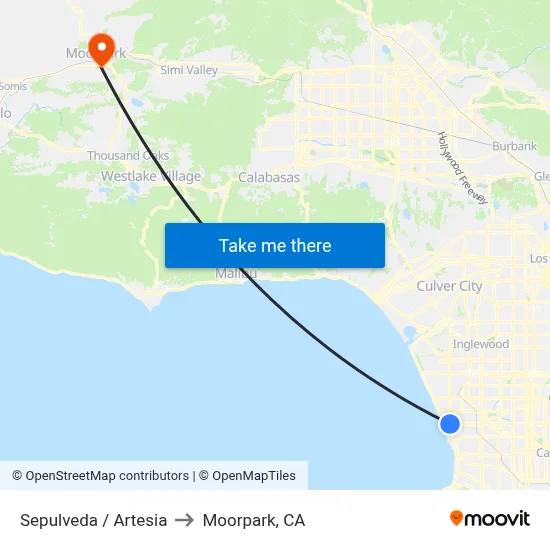 Sepulveda / Artesia to Moorpark, CA map