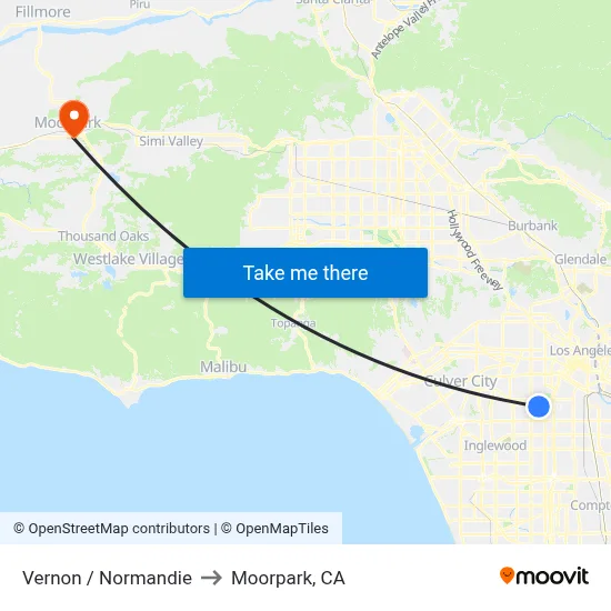 Vernon / Normandie to Moorpark, CA map