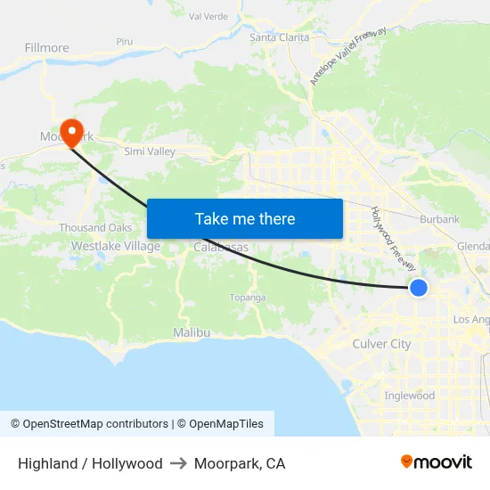 Highland / Hollywood to Moorpark, CA map