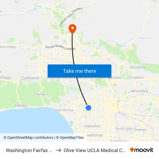 Washington Fairfax Hub to Olive View UCLA Medical Center map