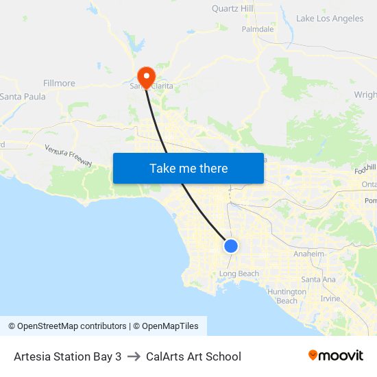 Artesia Station Bay 3 to CalArts Art School map