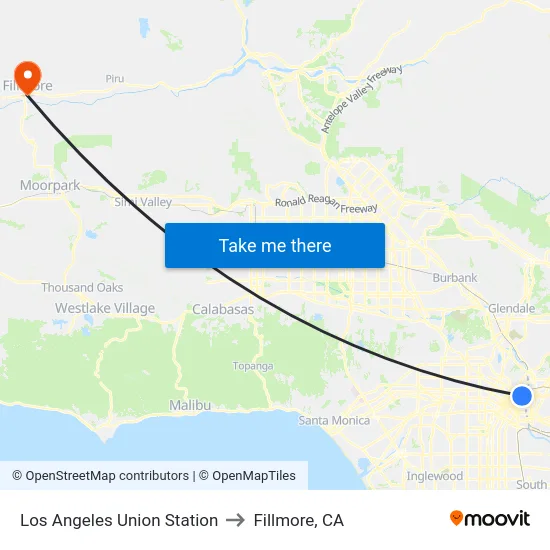 Los Angeles Union Station to Fillmore, CA map