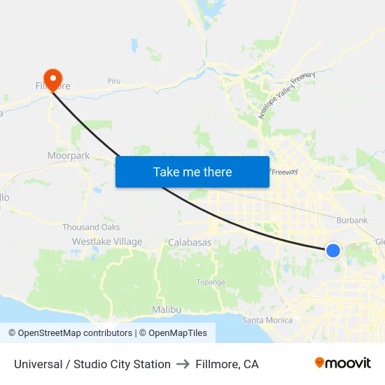Universal / Studio City Station to Fillmore, CA map