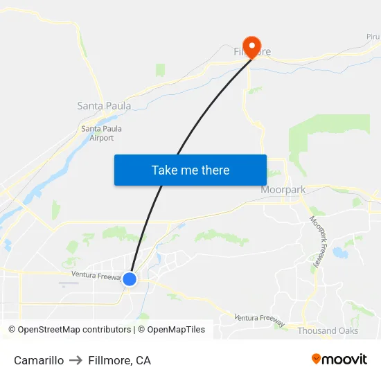 Camarillo to Fillmore, CA map