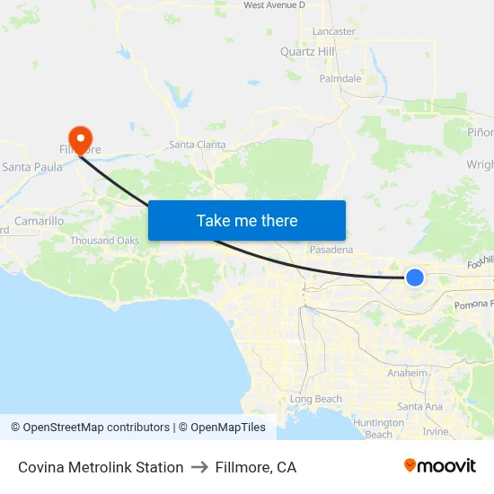 Covina Metrolink Station to Fillmore, CA map