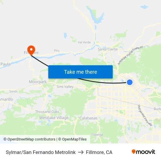 Sylmar/San Fernando Metrolink to Fillmore, CA map