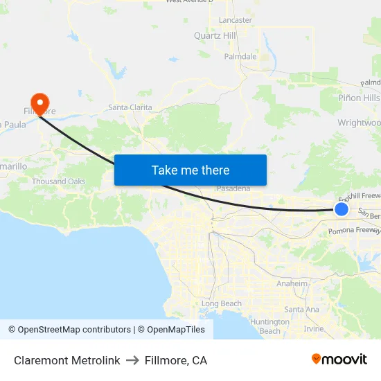 Claremont Metrolink to Fillmore, CA map