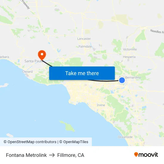 Fontana Metrolink to Fillmore, CA map