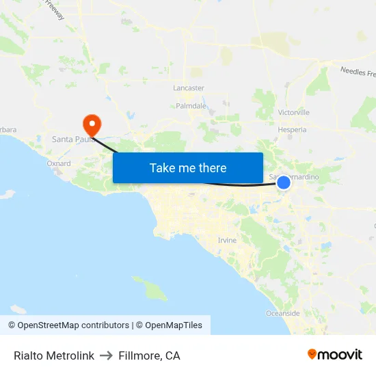 Rialto Metrolink to Fillmore, CA map