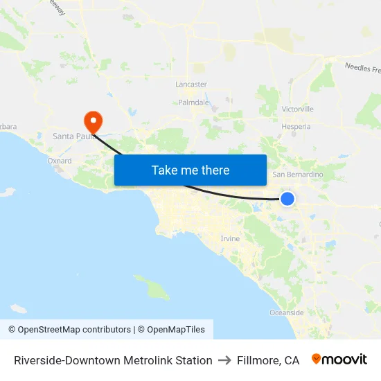 Riverside-Downtown Metrolink Station to Fillmore, CA map