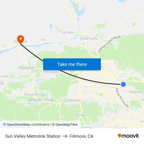 Sun Valley Metrolink Station to Fillmore, CA map