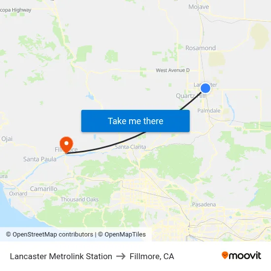 Lancaster Metrolink Station to Fillmore, CA map