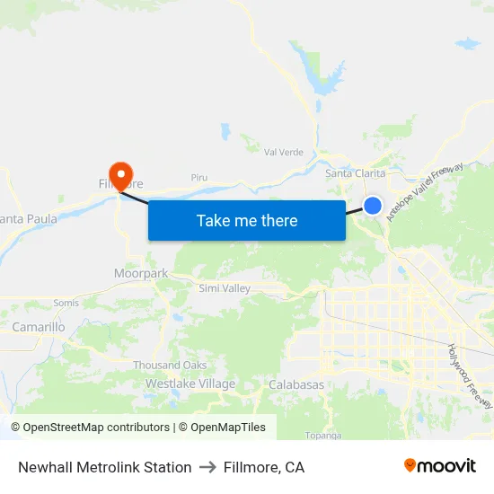 Newhall Metrolink Station to Fillmore, CA map