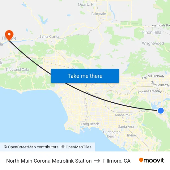 North Main Corona Metrolink Station to Fillmore, CA map