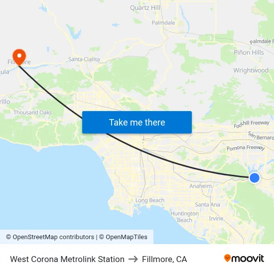 West Corona Metrolink Station to Fillmore, CA map