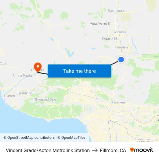 Vincent Grade/Acton Metrolink Station to Fillmore, CA map
