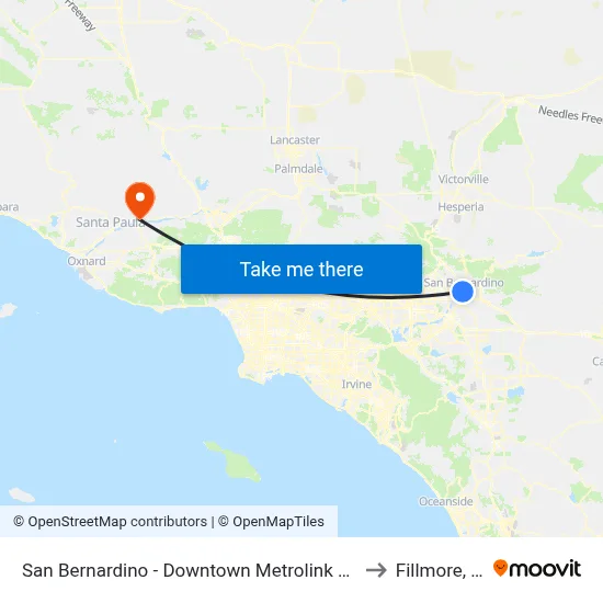 San Bernardino - Downtown Metrolink Station to Fillmore, CA map