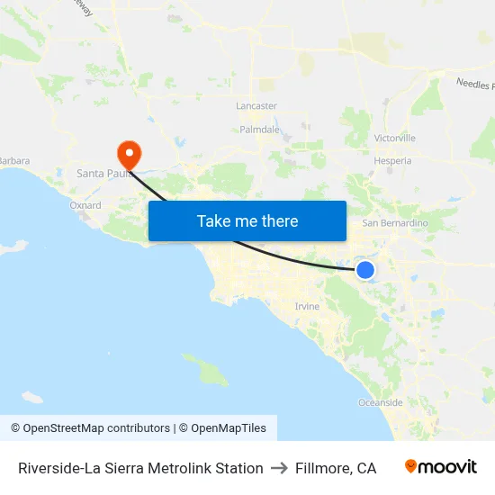 Riverside-La Sierra Metrolink Station to Fillmore, CA map