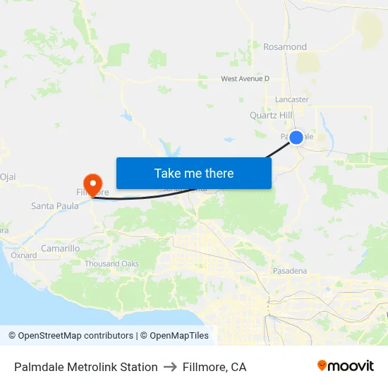 Palmdale Metrolink Station to Fillmore, CA map