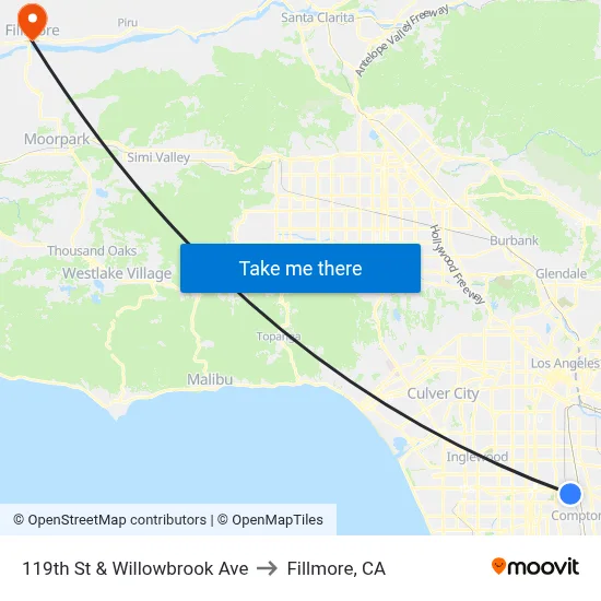 119th St & Willowbrook Ave to Fillmore, CA map