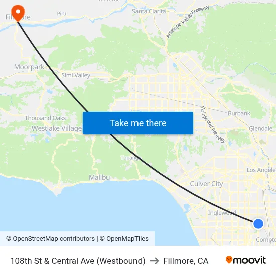 108th St & Central Ave (Westbound) to Fillmore, CA map
