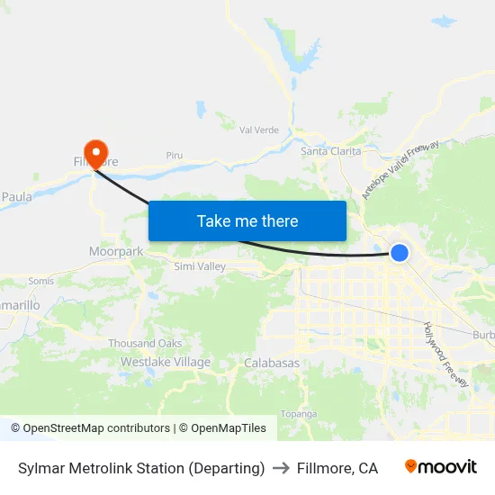 Sylmar Metrolink Station (Departing) to Fillmore, CA map