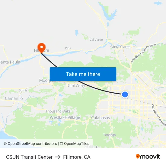 CSUN Transit Center to Fillmore, CA map