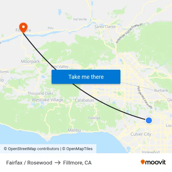 Fairfax / Rosewood to Fillmore, CA map
