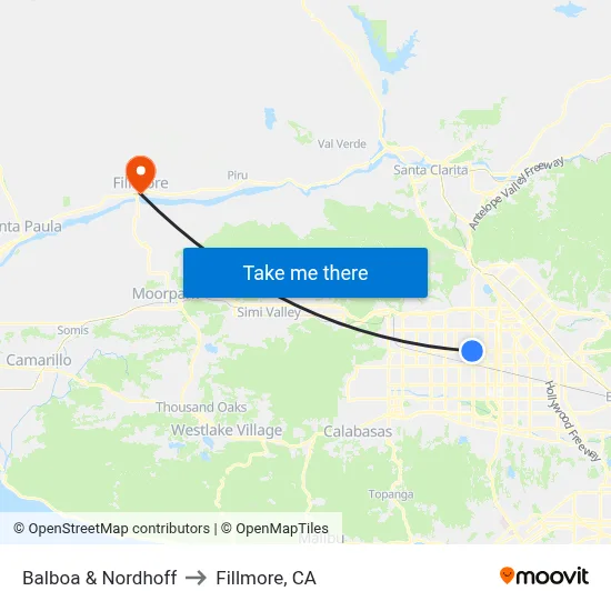 Balboa & Nordhoff to Fillmore, CA map