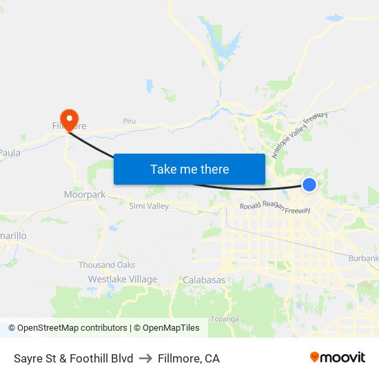 Sayre St & Foothill Blvd to Fillmore, CA map