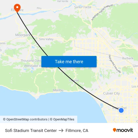 Sofi Stadium Transit Center to Fillmore, CA map